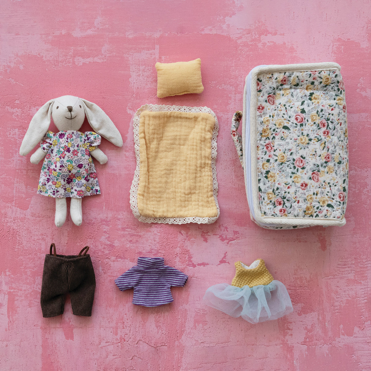 Fabric Zip Suitcase Bed w/ Plush Bunny & Outfits by Creative Co-Op