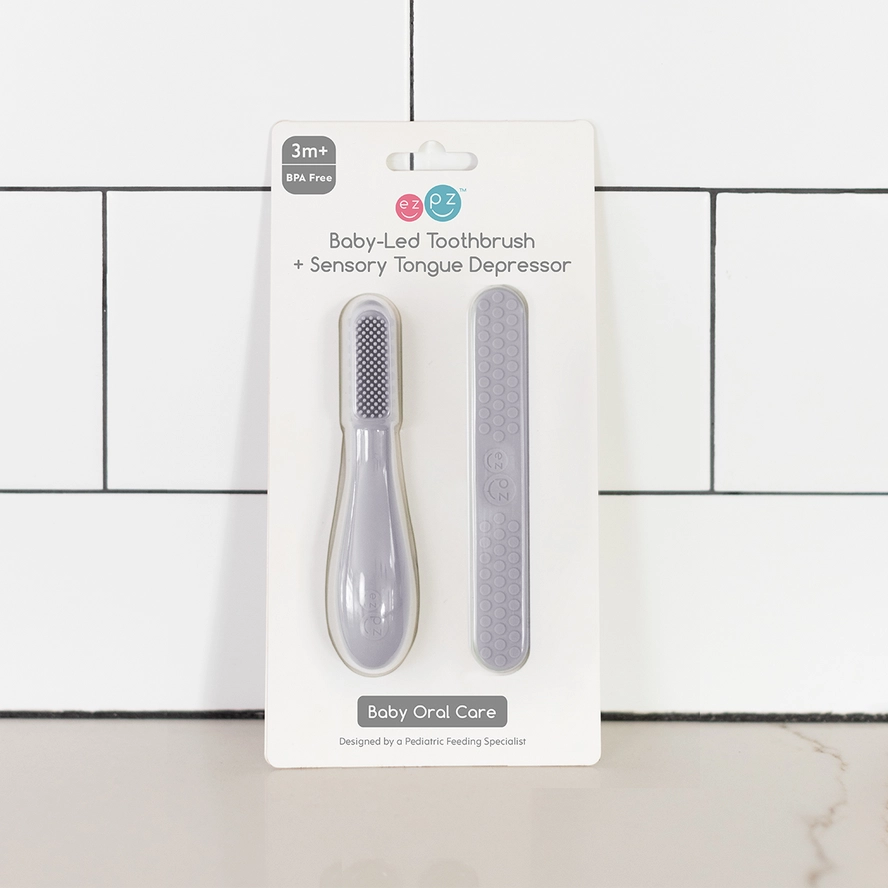 Baby-Led™ Toothbrush + Sensory Tongue Depressor Dual Pack - Pewter by EZPZ