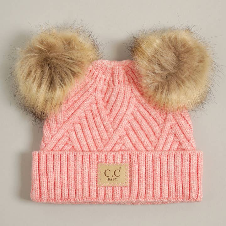 Baby Criss-Cross Beanie w/ Double Pom-Pom in Coral Mix by C.C Baby