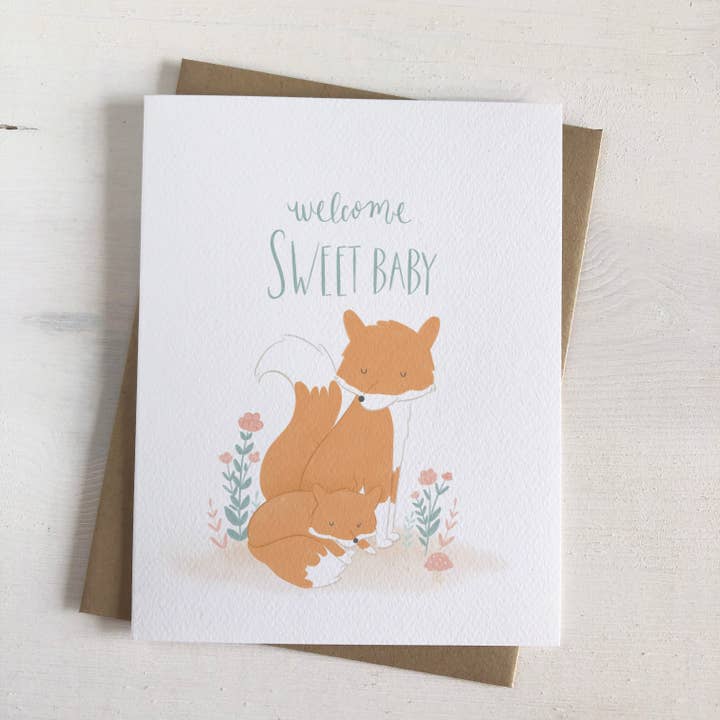 Welcome Sweet Baby- Fox Woodland Whimsical Card