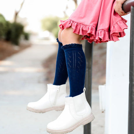 Navy Fancy Lace Top Knee High Socks by Little Stocking Co.