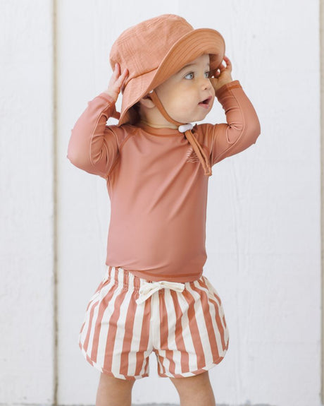 Boys Swim Short || Retro Poppy Stripe by Quincy Mae