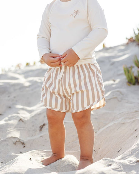 Boys Swim Short || Retro Latte Stripe by Quincy Mae