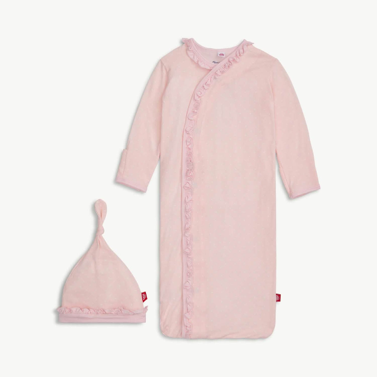 pin dot pink modal magnetic cozy sleeper gown + hat set with ruffles by magnetic me