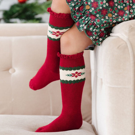 Poinsettia Lace Top Knee High Socks 0-6M Poinsettia Lace Top Knee High Socks 0-6M