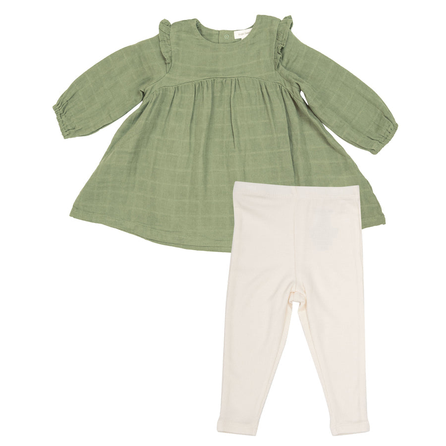 Ruffle Shoulder Dress and Legging - Oil Green Solid by Angel Dear