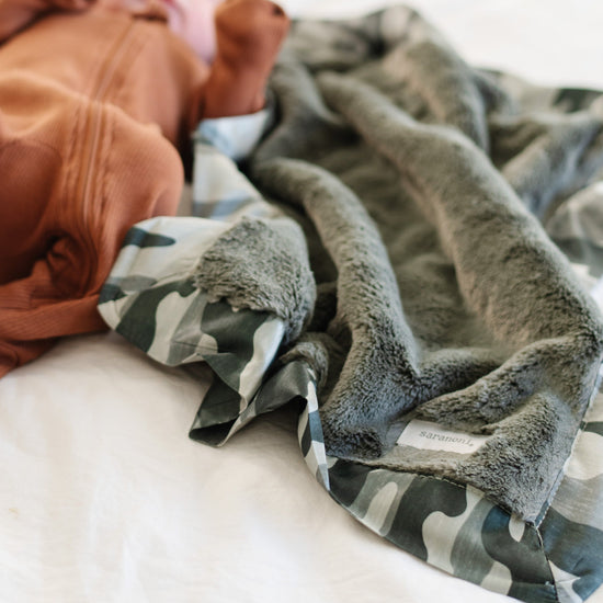 Satin Border Receiving Blanket in Camo by Saranoni