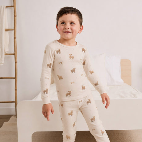 Highland Cow Print on Crème LunaKnit PJ Set by Petit Lem