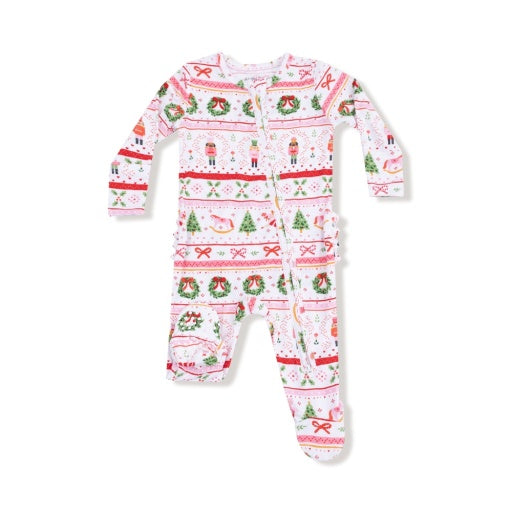 Angel Dear Sugar Plum Fairy Nutcracker Fair Isle Pink 2-Way Zipper Ruffle Back Footie