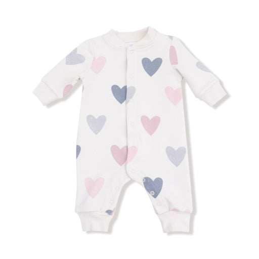 Angel Dear Hearts -French Terry Baseball Collar Romper With Front Placket