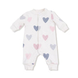Angel Dear Hearts -French Terry Baseball Collar Romper With Front Placket