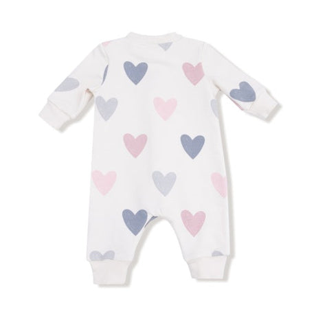 Angel Dear Hearts -French Terry Baseball Collar Romper With Front Placket