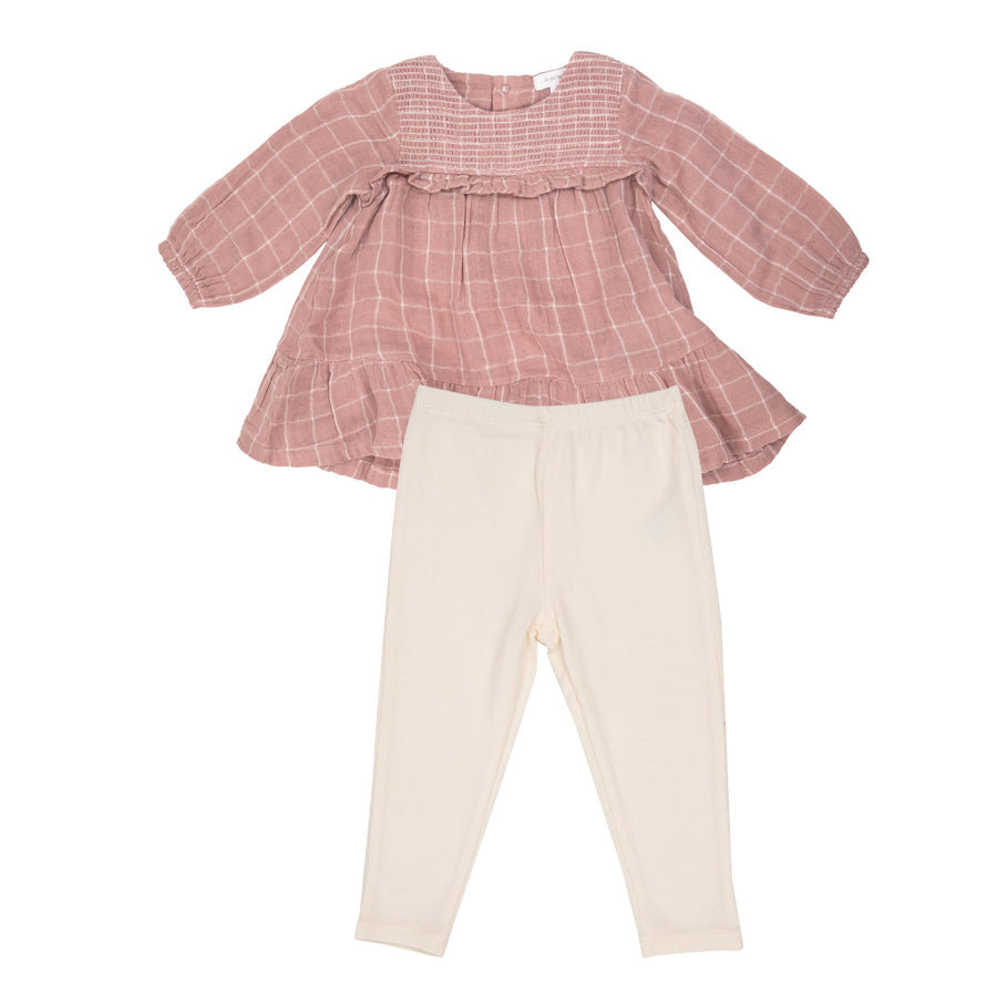 Smocked Ruffle Dress and Rib Legging - Rose Tan Grid by Angel Dear