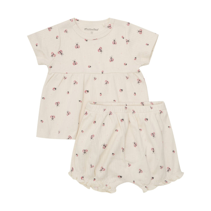 Ribbed Top & Shorts Set in White Swan w/ Ladybugs by Minymo