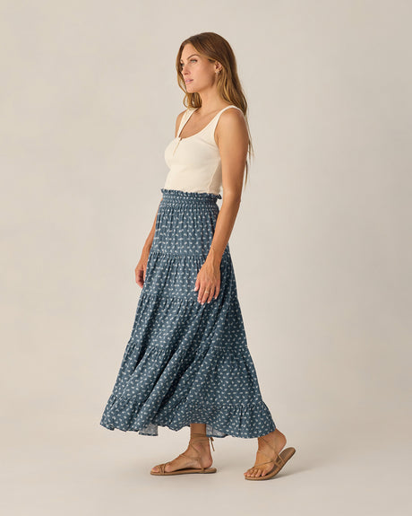 Women's Ruffle Tiered Maxi Skirt | Marine Ditsy by Rylee + Cru