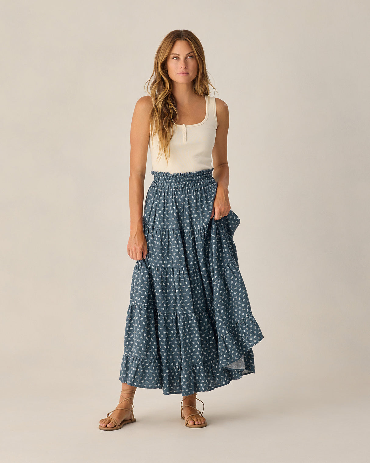 Women's Ruffle Tiered Maxi Skirt | Marine Ditsy by Rylee + Cru