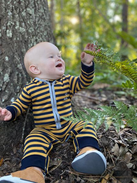 Mustard Stripe Hooded Romper by Me & Henry
