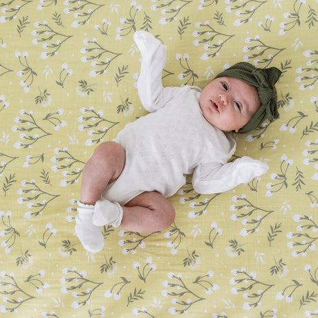 Muslin Cotton Crib Sheet in Yellow Buds by Saranoni