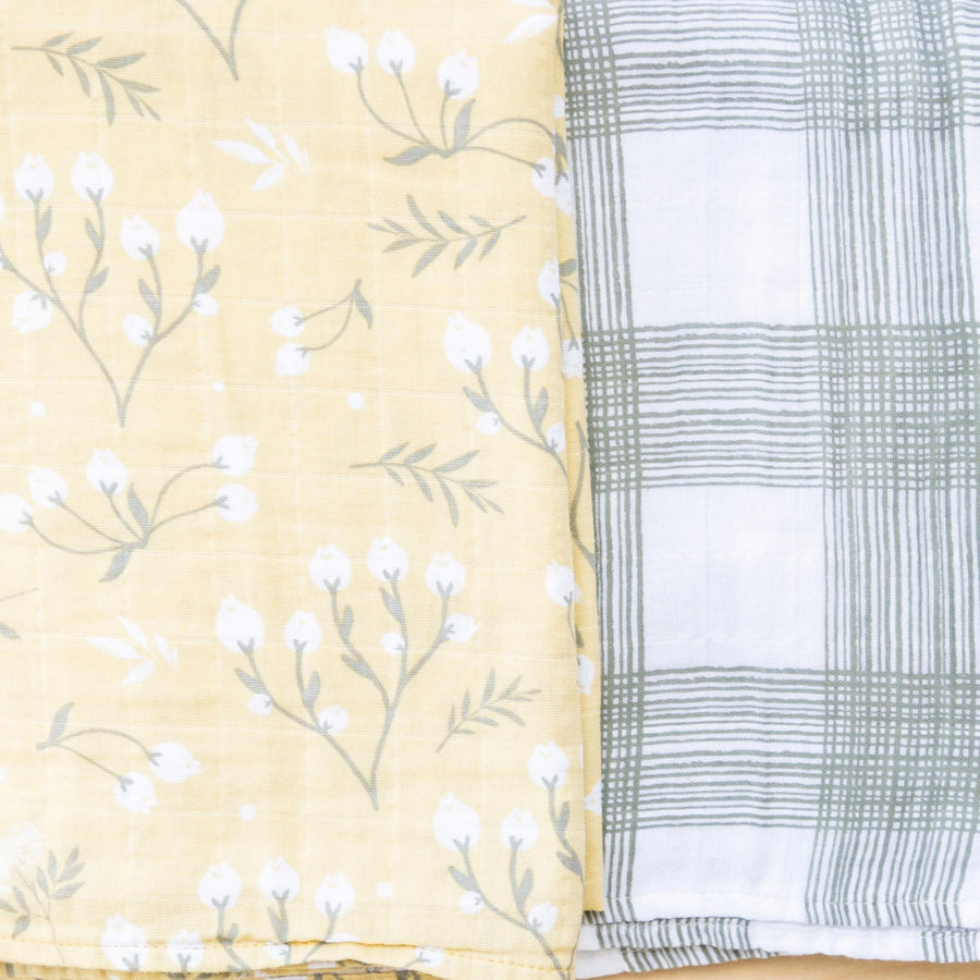 Cotton Muslin 2-pack Swaddles in Yellow Buds by Saranoni