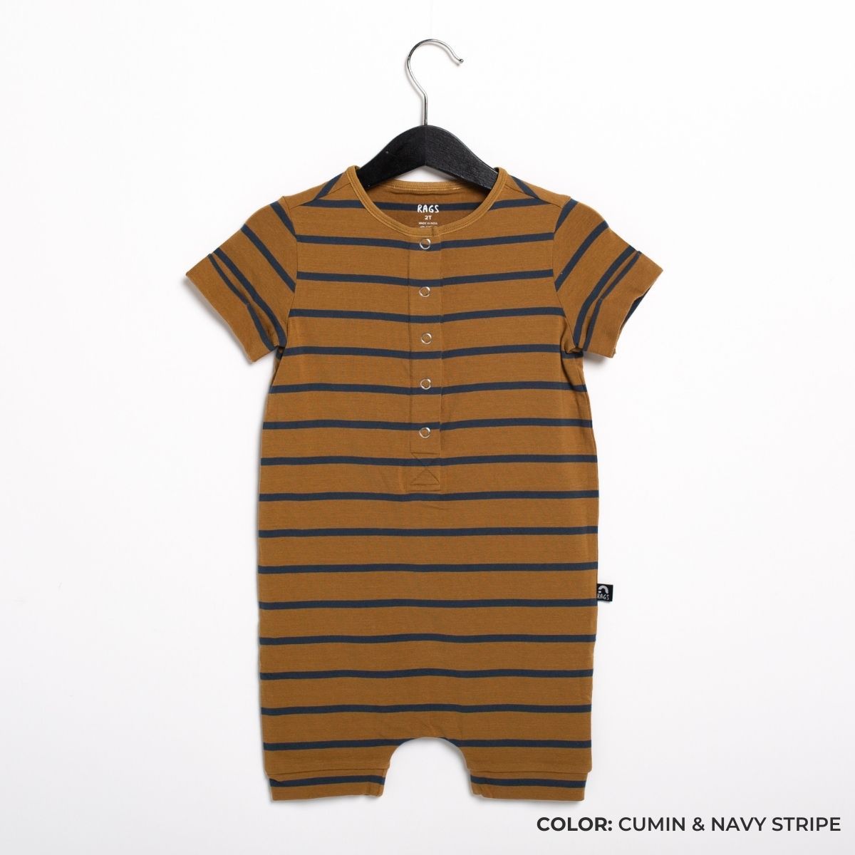 Short Sleeve Henley Short Essentials Rag Romper in Cumin & Midnight Navy Stripe by RAGS