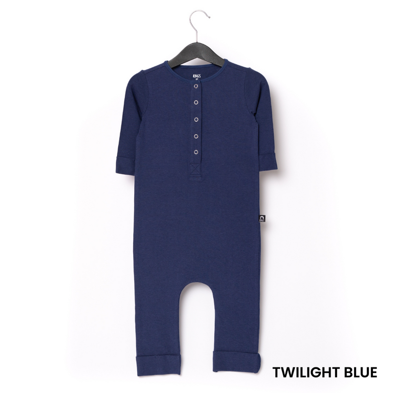 Essentials 3/4 Rolled Sleeve Henley Long Rag Romper in Twilight by RAGS