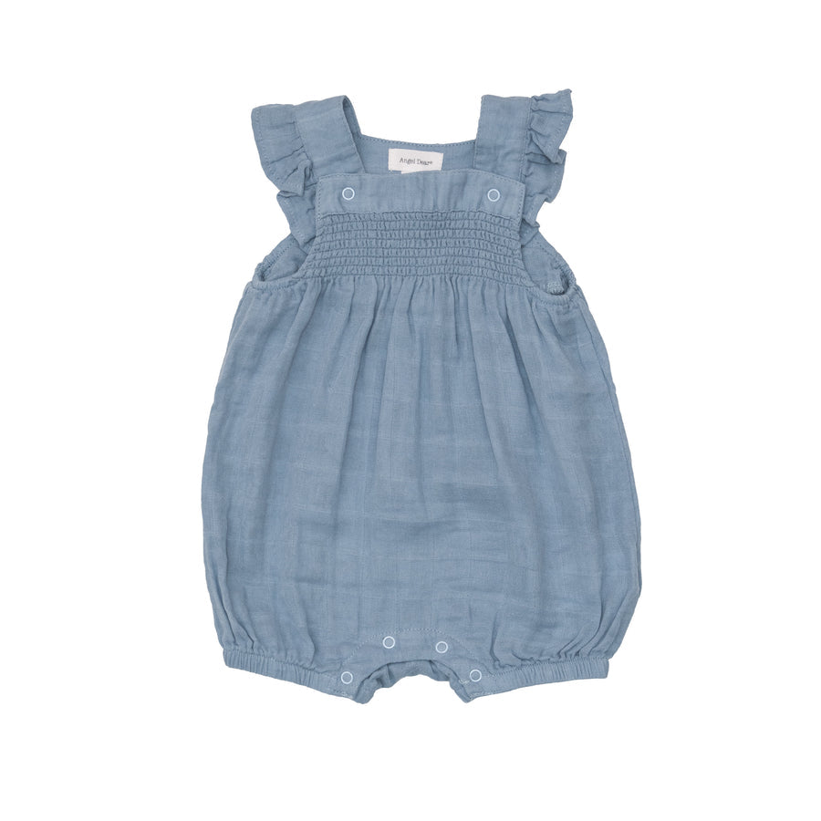 Solid Muslin Smocked Overall Shortie in Soft Chambray by Angel Dear