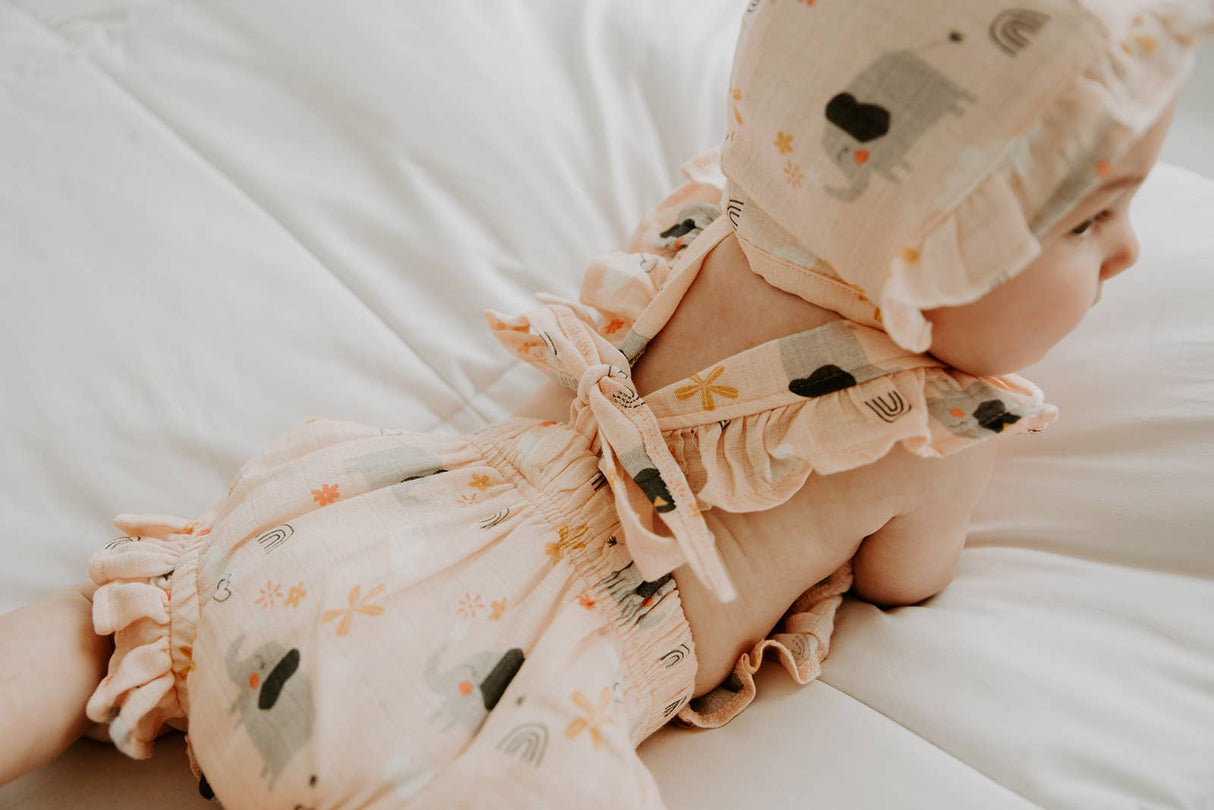 Viverano Organics - Elephant Ruffled Short Romper with Tie Back (Organic Muslin)