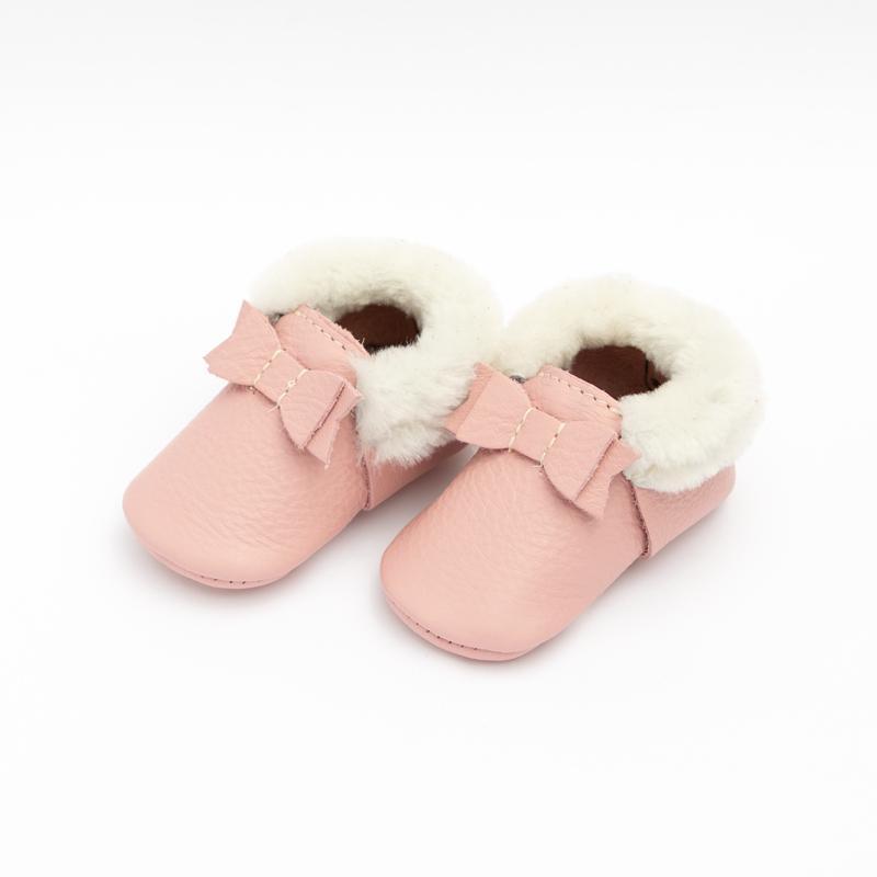 Shearling Bow Moccasins in Blush by Freshly Picked