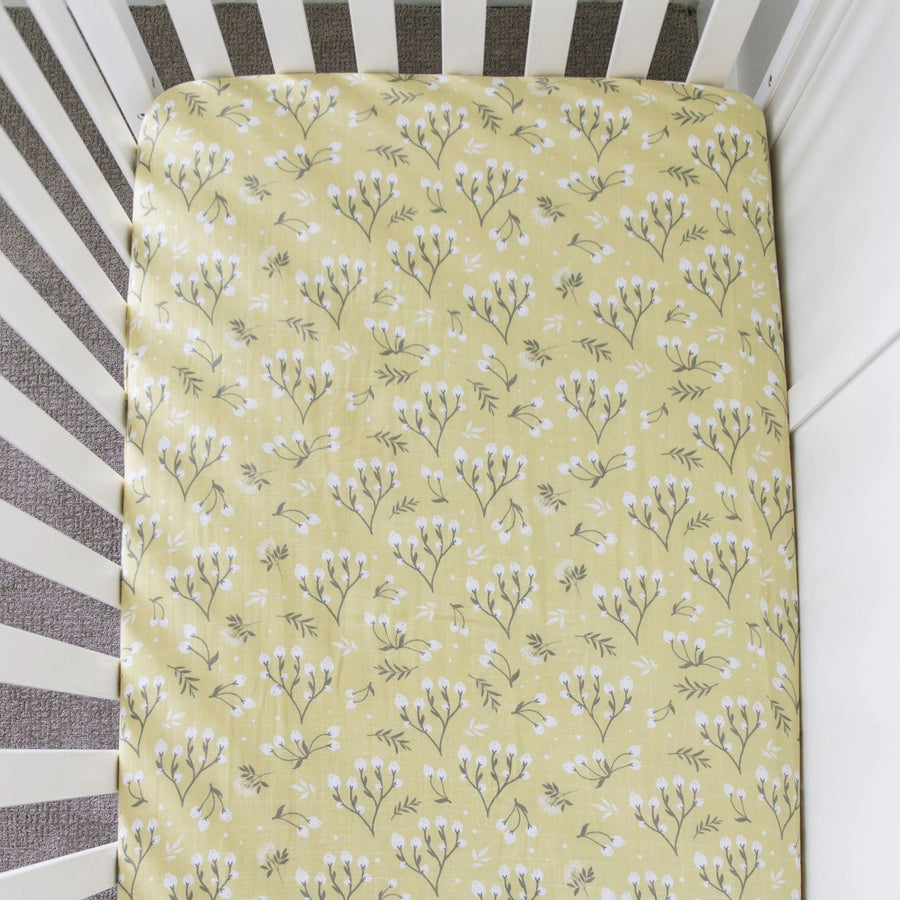 Muslin Cotton Crib Sheet in Yellow Buds by Saranoni